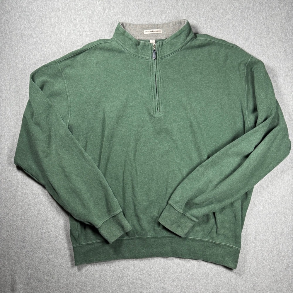 Peter Millar Mens XL Green 100% Cotton Quarter Zip Pullover Sweater Mock Neck